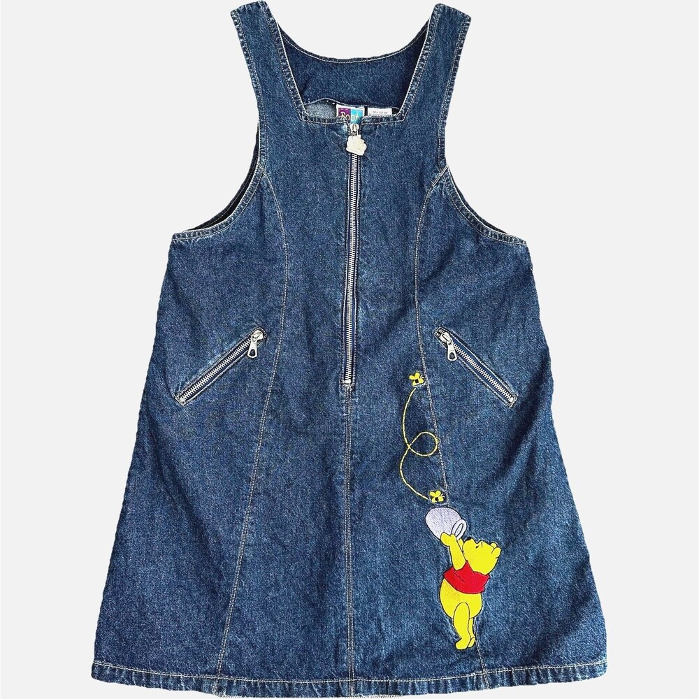 Vintage Disney Store Winnie the Pooh Denim Jumper Zip Front Dress 14 90s Y2K